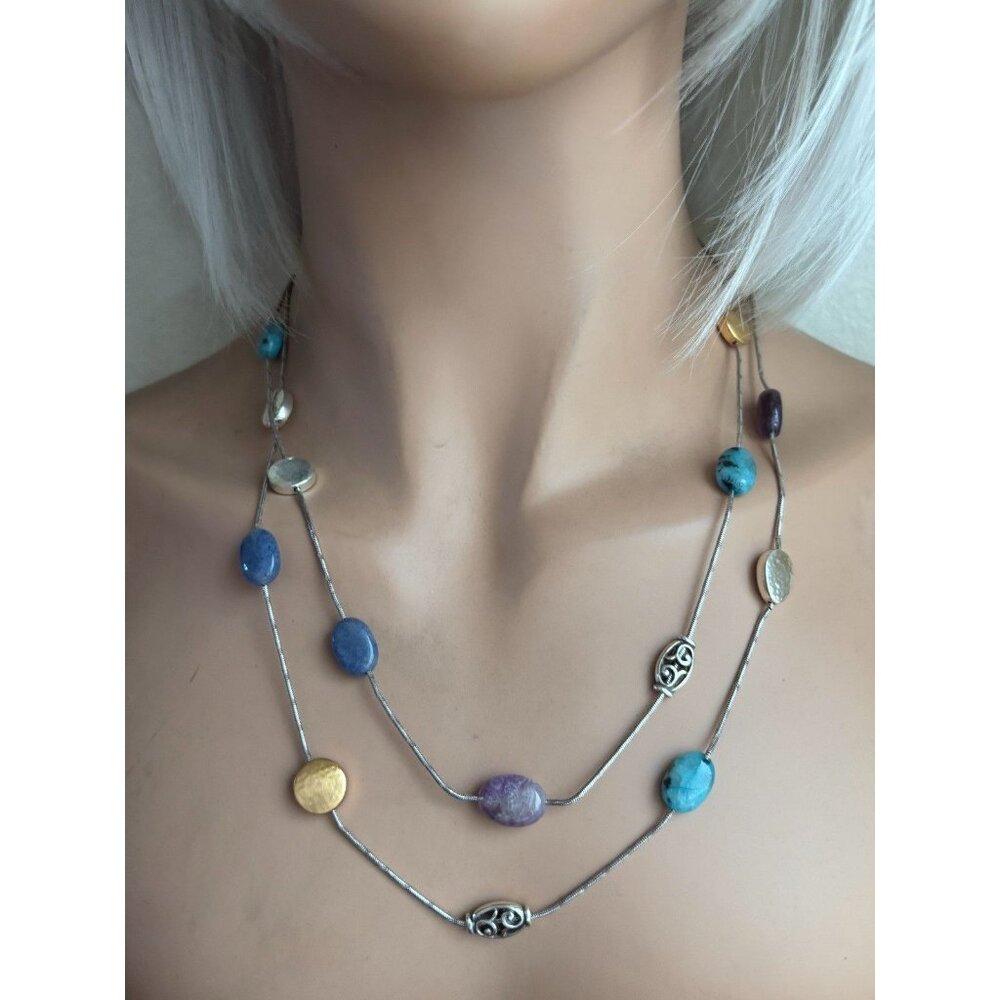 Brighton Mediterranean Turquoise Long Brushed Silver Gold Necklace
